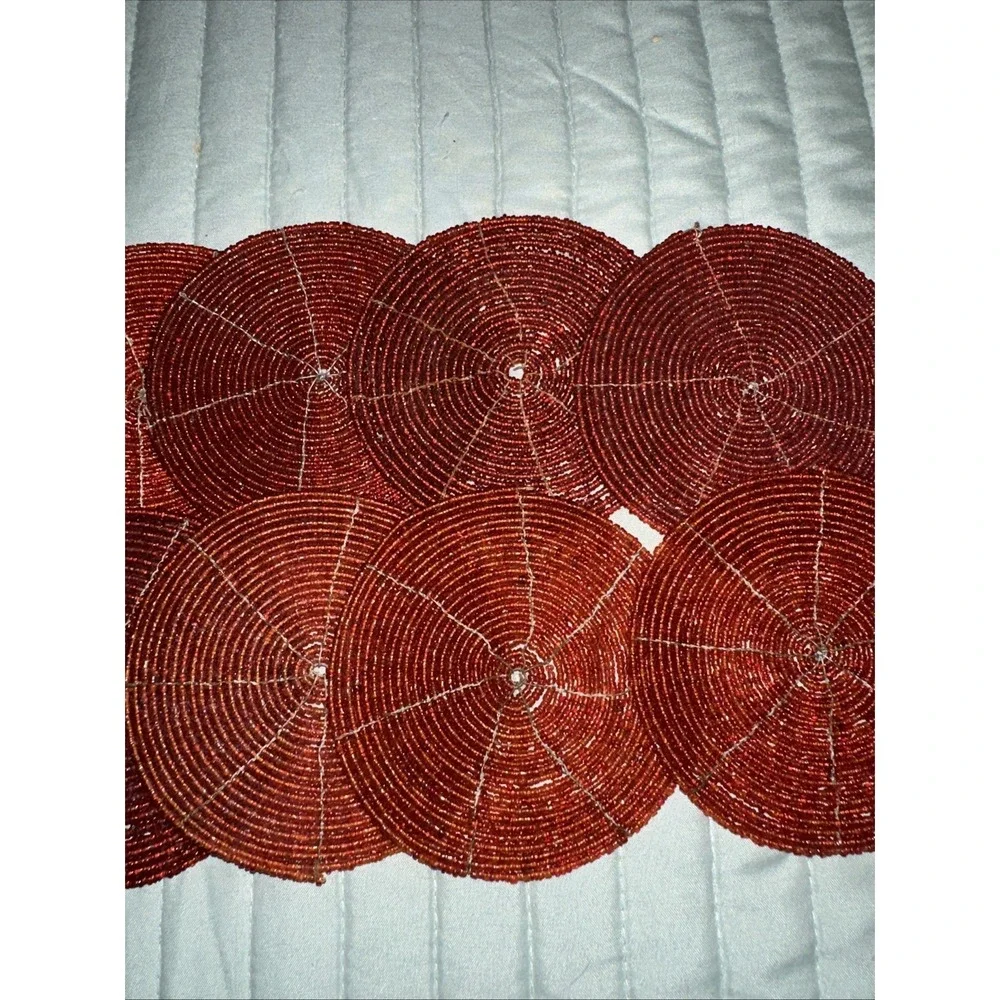 Set Of 8 Red Beaded Coasters Round‎ Holiday
